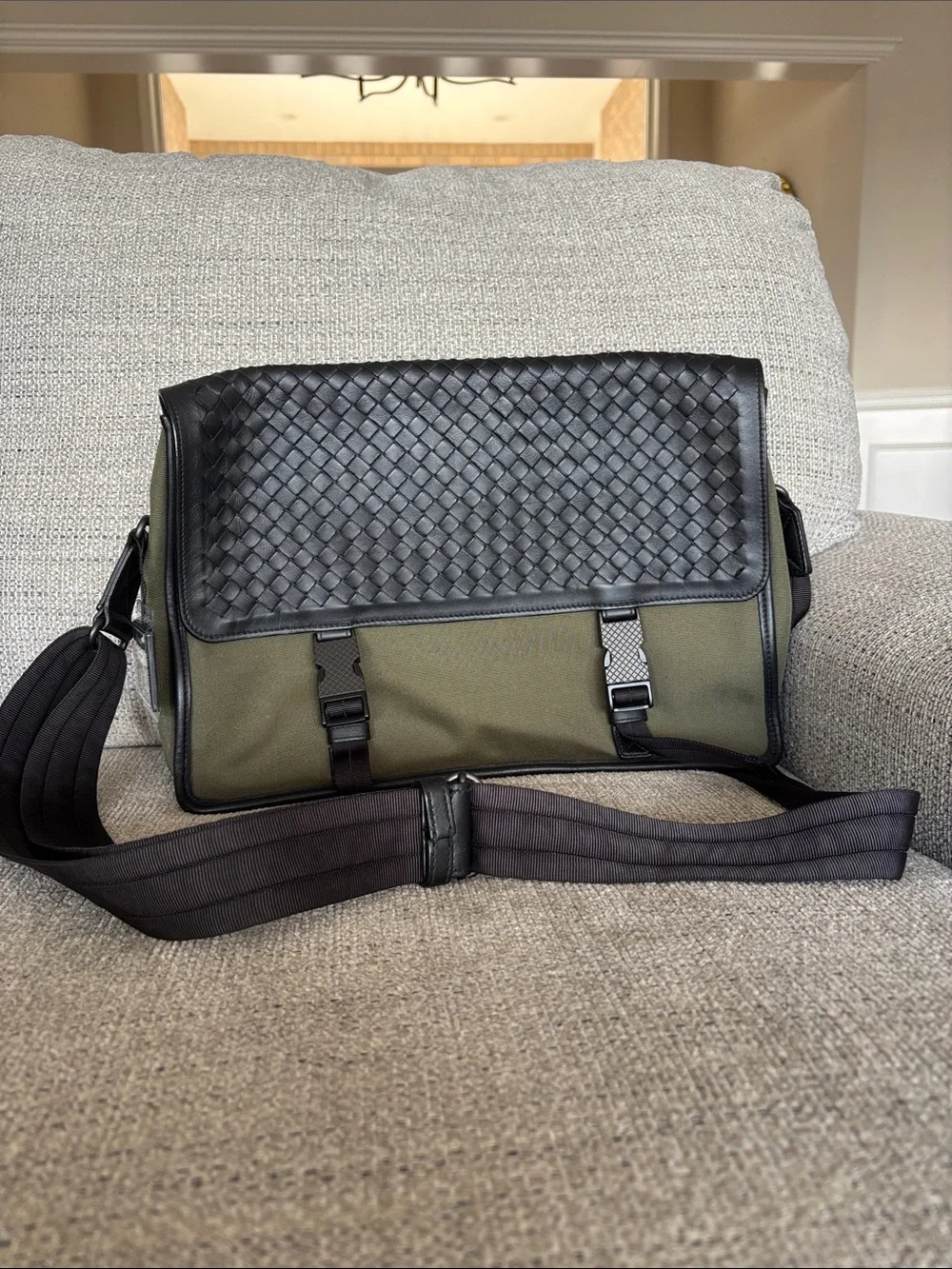 Bottega Veneta Olive and Black Woven Flap Messenger Bag